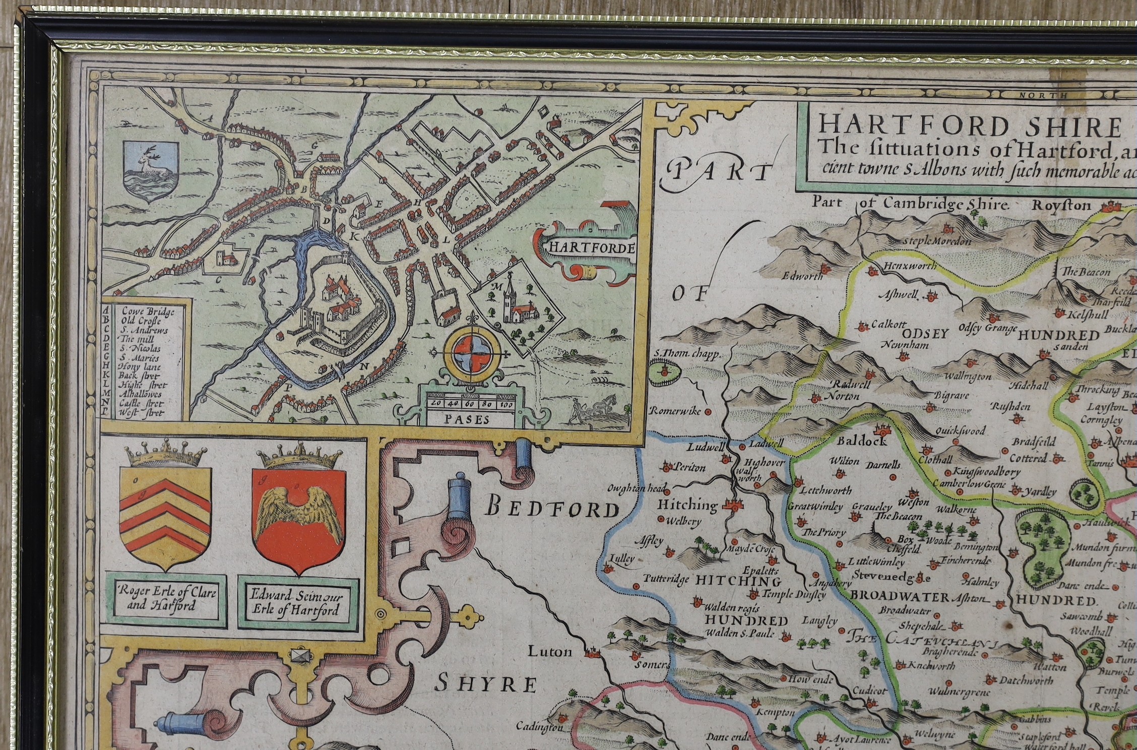 John Speede, coloured engraving, map of Hertfordshire, 39 x 50cm